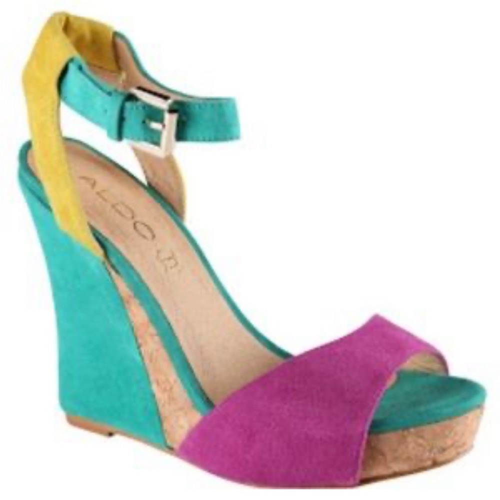Aldo Colorful Green and Pink Wedge Sandals